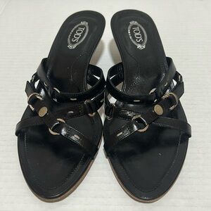 Tod's Black Leather Crisscross Slide Sandals with Gold Accents